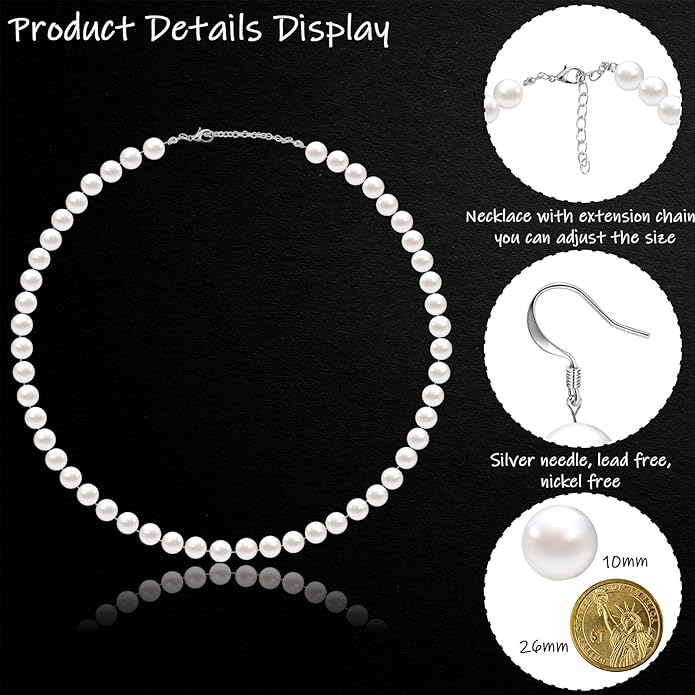 4 Pcs 1920s Faux Pearl Costume Jewelry Set for Women Halloween Simulated Necklace Bracelet Earrings for Wedding