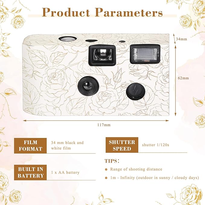 Zhengmy 4 Pack Disposable Camera for Wedding,34mm Single Use Camera with Flash One Time for Gathering Wedding Anniversary Travel Party Supply(Fresh Style, Black White Film)