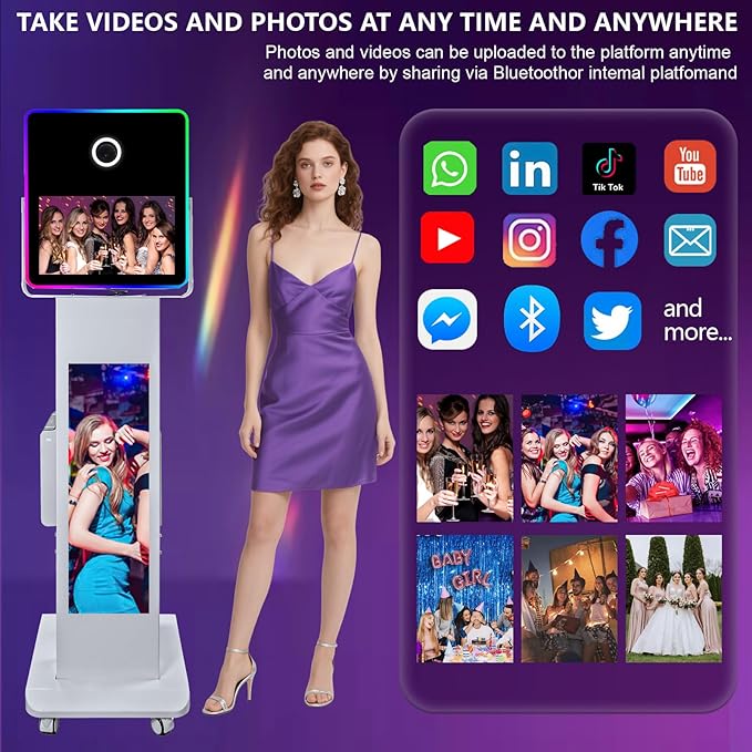 Portable Photo Booth with 15.6''and 29''LCD Touch Screen Selfie Photobooth Machine for Events Wedding Party Rental Christmas Flight Case (Machine+Mini Printer)