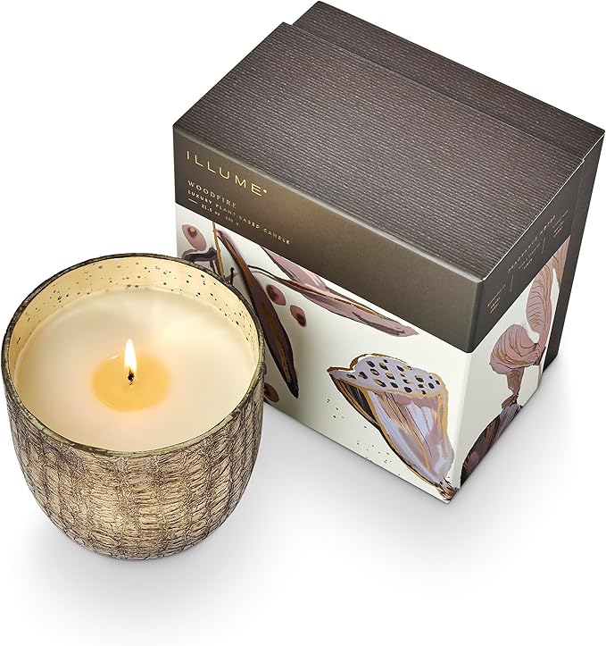 ILLUME Large Boxed Crackle Glass Candle, Woodfire