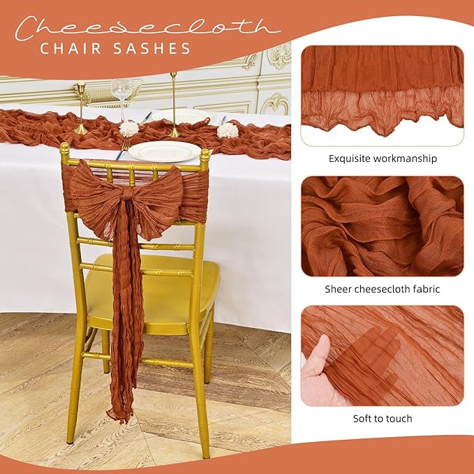 50 PCS Cheesecloth Chair Sashes, Bows Designed ChairSashes, 15.7x108 inch Chair Sashes for Aisle Decorations Universal Chairs Cover Decoration for Wedding Reception Party Banquet (Terracotta)