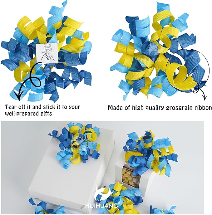 HUIHUANG Baby Shower Bows for Gift Wrapping, Curly Ribbon Bows Self Adhesive Burst Gift Bow for Baby Birthday, Baby Boy Shower Party Favors, Wine Bottle, Treat Bags- 6 Counts