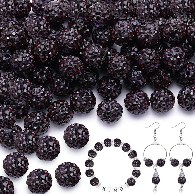 100pcs 10mm Rhinestone Beads for Jewelry Making, Dark Purple Shiny Round Shamballa Disco Beads Bulk, Sparkle Crystal Clay Christmas for Bracelet Baseball Necklace Earring Crafting and DIY
