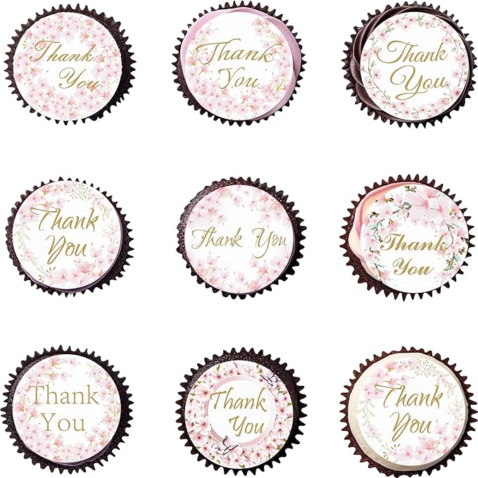 36PCS Edible Cherry Blossoms Thank You Cupcake Toppers Pink Edible Cherry Flowers Cake Decor Wafer Paper Thank You Cupcake Topper for Flowers Theme Baby Shower Birthday Party Decor Supplies