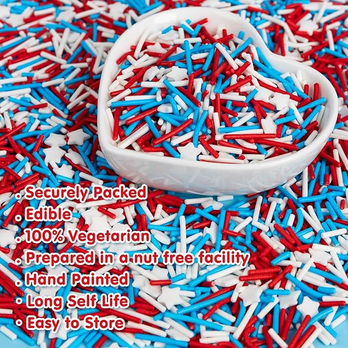 Edible Patriotic Sprinkles for Cake Decorating,Red White and Blue Jimmies Stars Sprinkle Mix, 100g/3.53oz, American Team USA Sprinkles,Baking, Ice Cream,Cookies,Cupcake Topper,Holiday Party Decorations