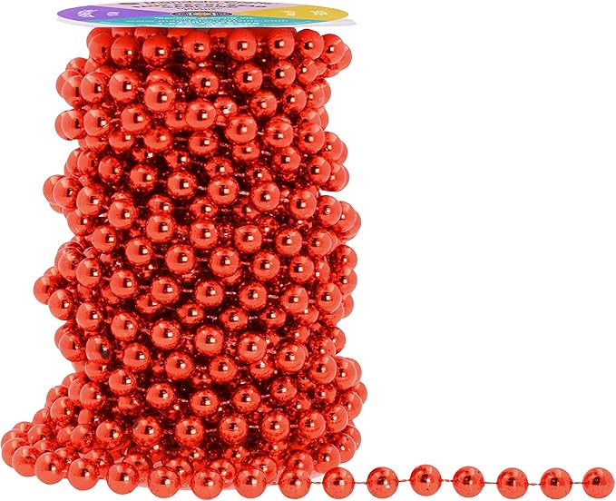 Mandala Crafts 10mm Faux Red Pearl Beads Roll - 11 Yards Strand of Fake Pearls Chain Garlands Spool String for Christmas Tree, Wedding, Party, Vases, DIY Decoration