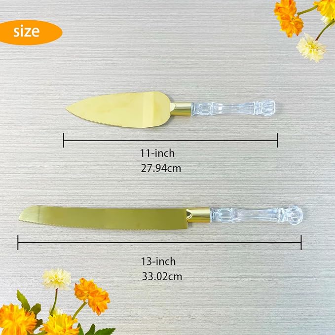 Elegant Cake Knife and Server Set - Stainless Steel with Crystal Handle - Perfect for Weddings & Anniversaries,and Special Celebrations (Gold)