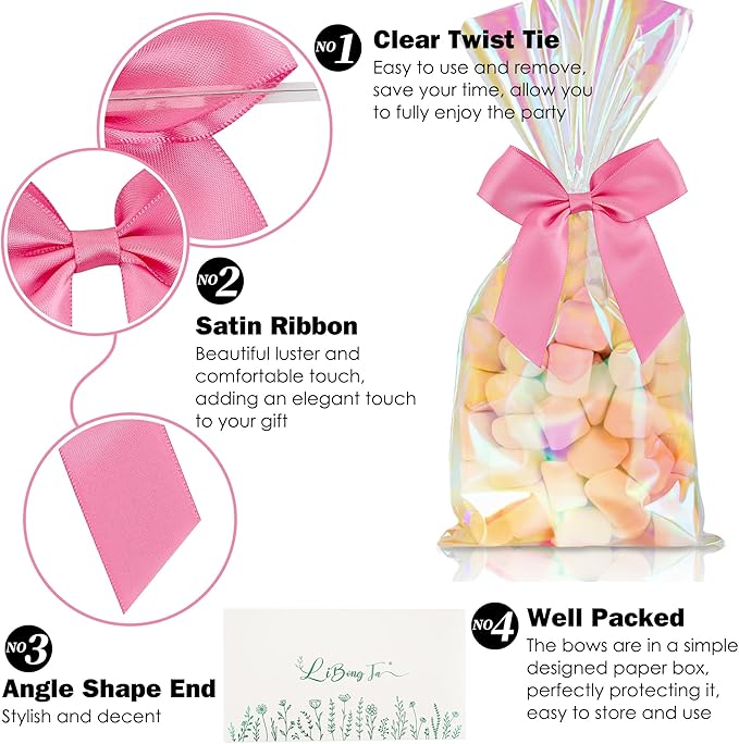 3.5" Hot Pink Bow Satin Pre-Tied Bows for Gift Wrapping, Small Bows for Crafts, Premade Bows, Candy Apple Bows, Twist Tie Bows for Cake Decorating, Party Favor, Wedding Decoration-36 Counts