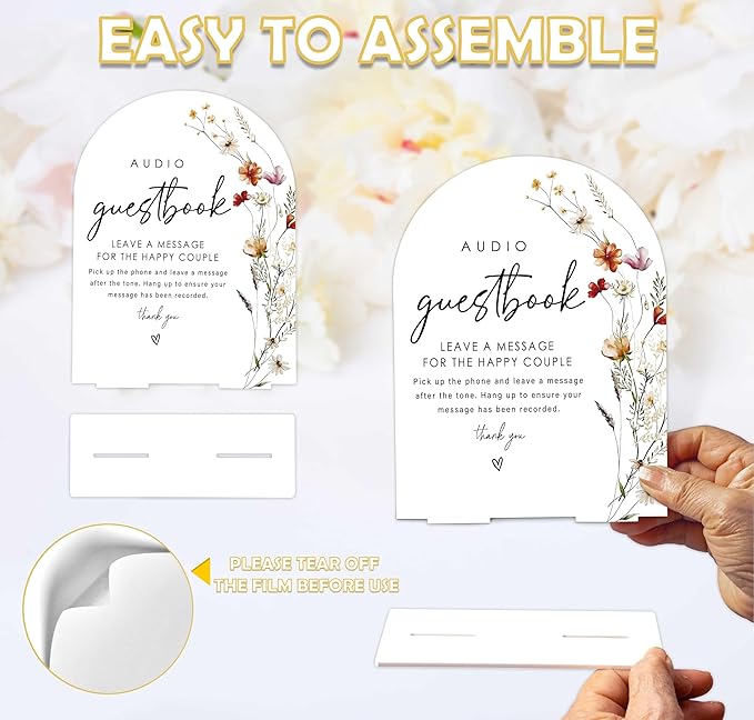 Boho Floral Audio Guest Book Sign, 6 x 8 Inch White Arch Acrylic Wedding Sign with Holder, Wedding Sign for Ceremony and Reception, Wedding Decoration, Wedding Supplies - BX29