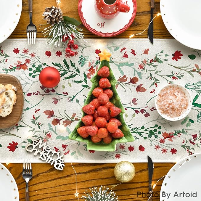 Artoid Mode Floral Leaves Christmas Table Runner, Wild Flowers and Grasses Winter Kitchen Dining Table Decoration for Home Party Decor 13x36 Inch