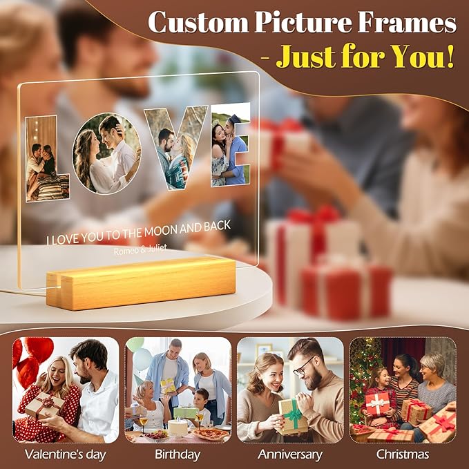 Custom Picture Frames with Photo, Personalized LOVE Photo Frame with Night Light, Customized Picture Frame, Personalized Anniversary Birthday Gifts for Women, Men, Him, Her, Girlfriend, Boyfriend, Couple