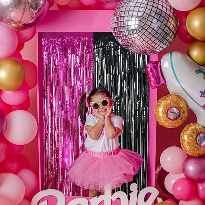 BEISHIDA 4 Pcs Hot Pink Black Door Streamers Curtain Party Streamers Backdrop Pink Party Hot Pink Wall Background for Party Decoration Photo Booth Props(3.28 ft x 6.56 ft)
