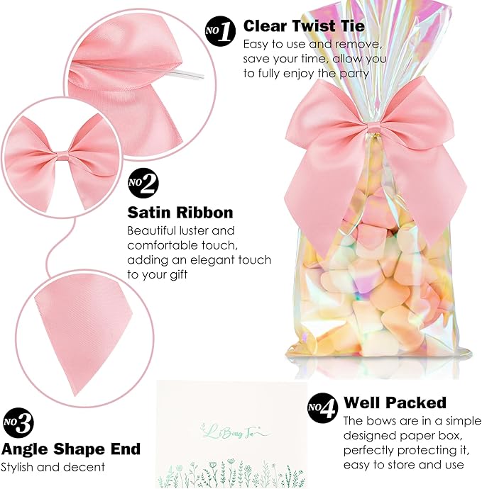 5'' Pink Bow Party Decorations Satin Bows, Twist Tie Bows for Treat Bags, Cake Pops, Pre-Tied Bow Premade Ribbon Bows for Crafts, Holiday Bows for Gift Wrapping, Wedding Decor-24 Counts