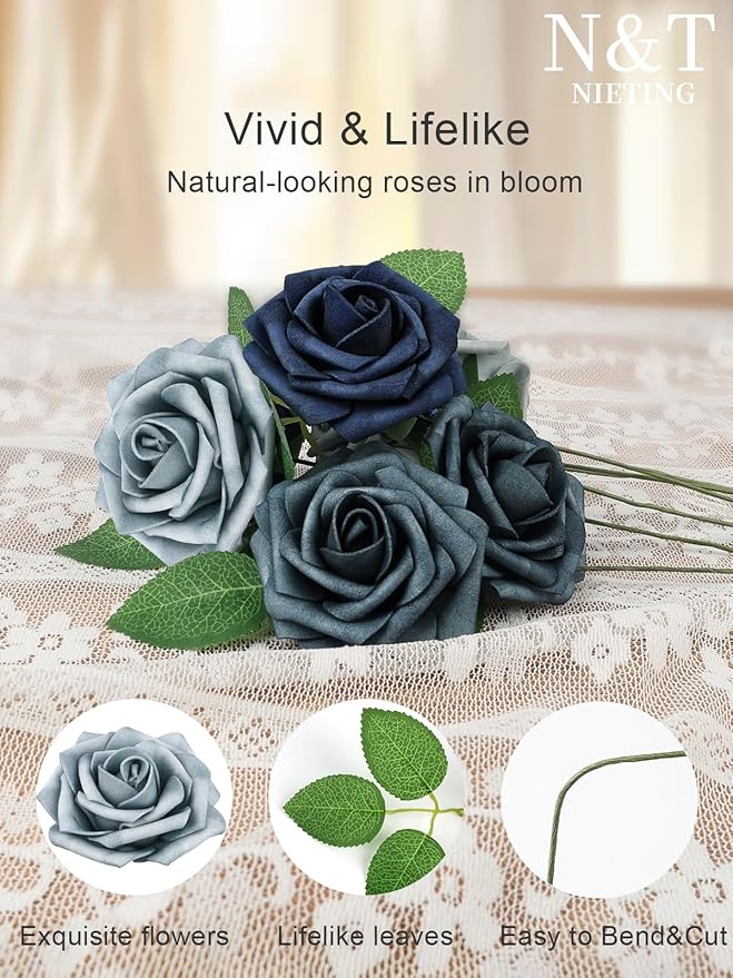 N&T NIETING Fake Roses,25pcs Artificial Flowers Dusty Blue Fake Roses Faux Flowers Fake Flowers for DIY Wedding Bouquets Centerpieces Floral Arrangements Home Decorations Shades of Navy Blue