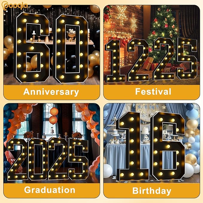 Pooqla 4 FT Light Up Marquee Numbers, Black Marquee Number Lights 4 Feet Tall for 6th 16th 60th Birthday, Giant Letter Big Mosaic Numbers for Balloons Party Anniversary Wedding Decorations, Number 6