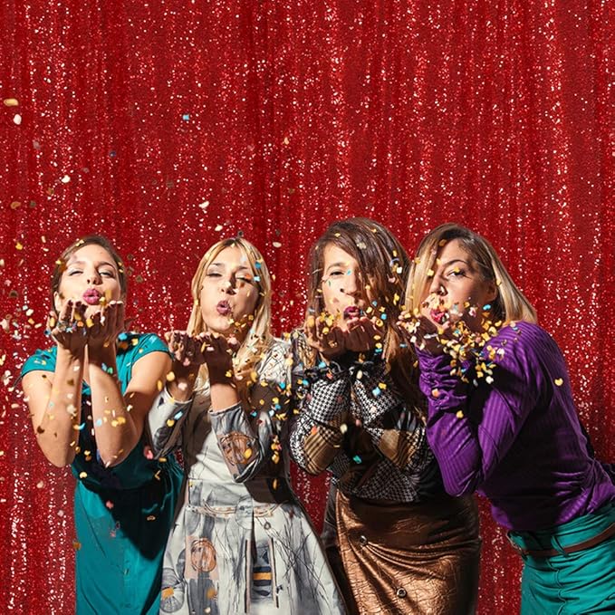 SquarePie Sequin Backdrop 10FT x 10FT Red Curtain Background for Wedding Party Decoration