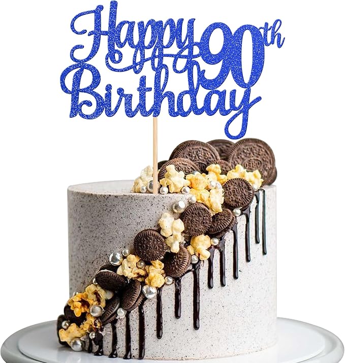 1 PCS Happy 90th Birthday Cake Topper Glitter Cheers to 90 Years Birthday Cake Pick Ninety 90 Fabulous Cake Decoration for Happy 90th Birthday Theme Party Decorations Supplies Blue