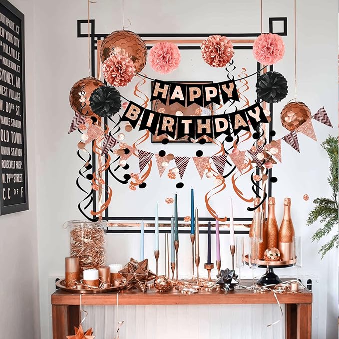 FECEDY Rose Gold Theme Happy Birthday Banner Flag Bunting Paper Circle Confetti Garland Swirl Streamers Honeycomb Ball for Birthday Party Decoration