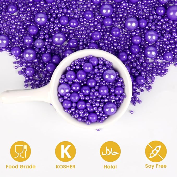 Edible Purple Pearl Sprinkles, Pearl Sugar Sprinkles, Edible Pearls for Cake Decorating, Cupcake Toppers, 180g/6.35oz, Mix Size, Cookie Decoration, Wedding Party Halloween Supplies