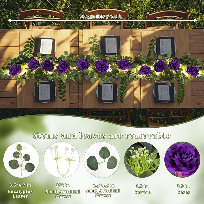 MACTING 2 Pack 13.2FT Eucalyptus Garland with Lights - Spring Gypsophila Flower Garlands with 24 Purple Roses Artificial Floral Greenery Vines for Arch Table Centerpieces Backdrop Party Wedding Decor
