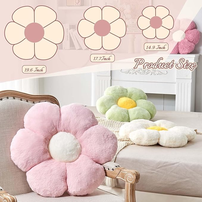 White Flower Pillow, 17.7" Flower Shaped Plush Decorative Throw Pillow for Bed