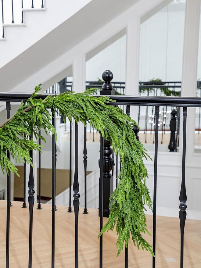15FT Christmas Garland Real Touch Norfolk Pine Garland Winter Pine Garland for Mantle Stairs Railing Table Fireplace Wall Indoor Outdoor Holiday Xmas Decor Decoration