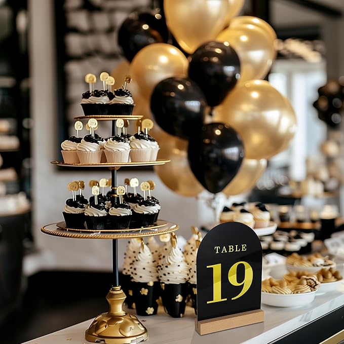 Wedding Table Numbers 1-10, Acrylic Arch Signs with Natural Wood Stands Holders, Rustic Table Decor for Reception & Parties (Black Gold)