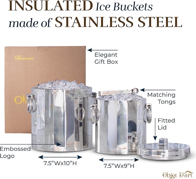 Insulated Ice Bucket for Parties by Objet D’Art, Large Ice Bucket with Scoop Tongs, 2 Stainless Steel Metal Buckets for Party, Double Walled, 2 Liters, Delphi, 7.5 x 9 x 10
