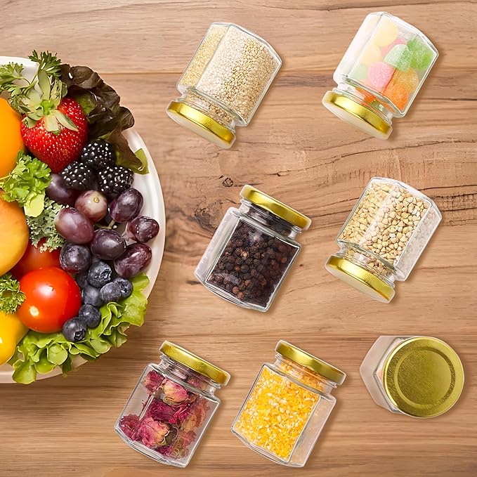 Small Glass Honey Jars with Lids 3oz,40 pack Airtight Glass Canning Jars with Gold Lids,Hexagon Glass Jars for Spice,Jam,Foods,Liquid,Baby Shower Favors,Wedding Favors,40 Labels
