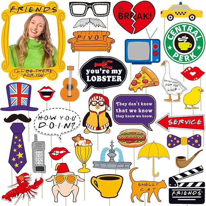 35pcs Friends Themed Party Photo Booth Props, Friends Selfie Frame with Friends TV Show Party Photo Props, Friends Themed Birthday Bachelorette Party Decorations Friends Party Supplies