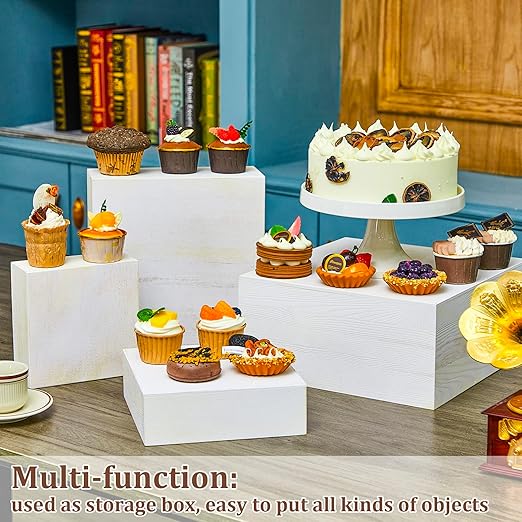 Roowest Set of 4 Wood Display Risers Rustic Cupcake Stand Rustic Wood Cake Stands Wooden Stackable Display Box for Dessert Wedding Birthday Christmas Village Party Decoration(Vintage White)