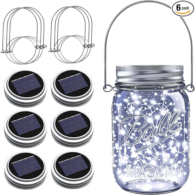 ZNYCYE Solar Mason Jar Lights, 6 Pack 30 LED Waterproof Solar Fairy Firefly Jar Lids String Lights with Hangers(NO Jars) for Outdoor Lawn Patio Garden Yard Wedding Decoration - Cool White