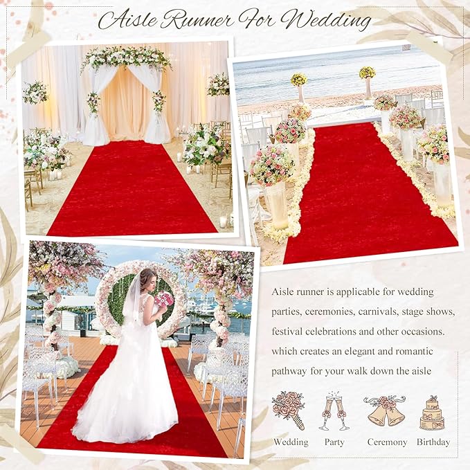 MODFUNS Wedding Aisle Runner Outdoor Red Carpet Runner for Party 4FTx25FT Velvet Fabric Hollywood Carpet Aisle Runner Include Carpet Tapes Unique Walkway Rug Birthday Stage Wedding Aisle Accessories
