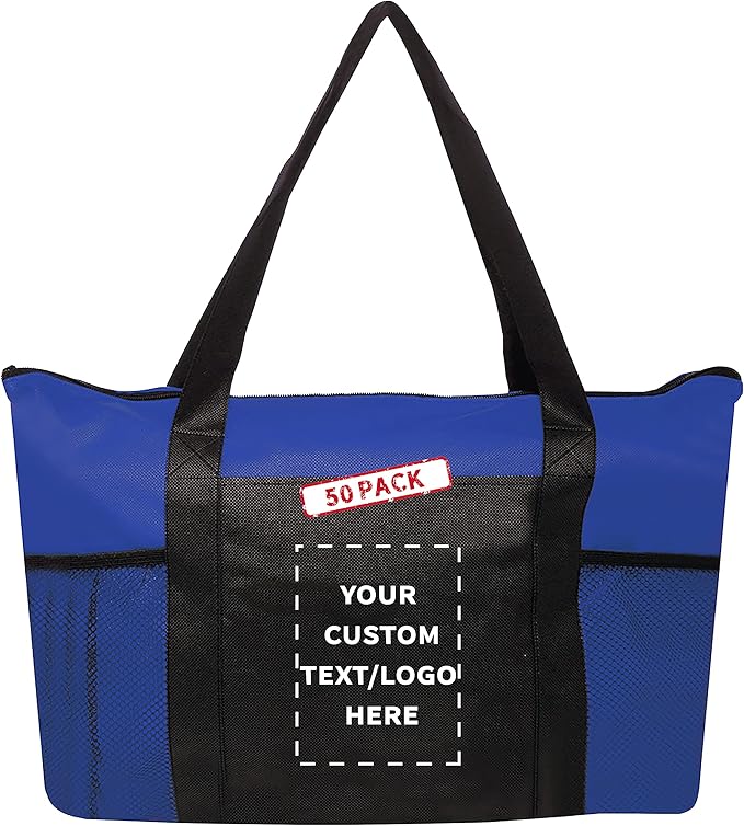 DISCOUNT PROMOS 50 Zippered Non-Woven Tote Bags Set - Customizable Text, Logo - Mesh Pocket, Zippered, Recyclable, Reusable - Blue - 19"X14"X3", with Zipper