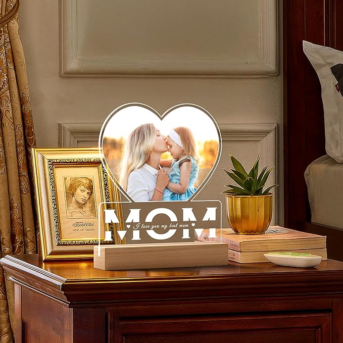 Personalized Gifts for Mom from Daughter and Son, Custom Picture Frames with Photo, Custom Photo Frame with Night Light, Customized Heart Picture Frame, Personalized Mom Birthday Gifts