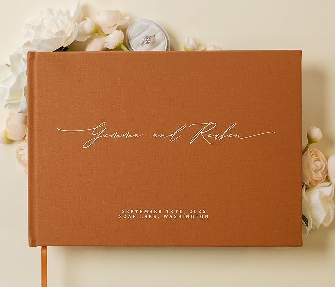 MUUJEE Personalized Guestbook in Terracotta - Premium Custom Modern Guest Book for Wedding Reception, Birthday Party or Events w/Bookmark Blank Pages for Signing 11.5 x 8.5 inches