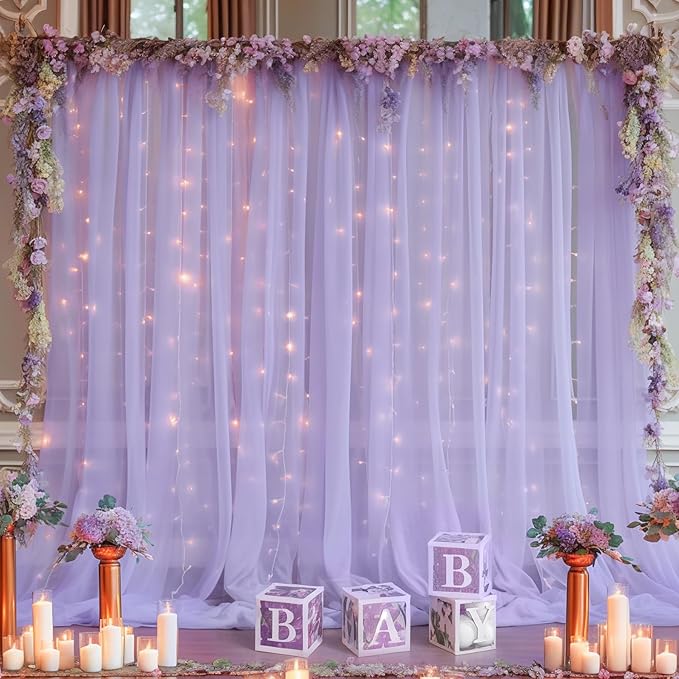 30×10ft Purple Tulle Backdrop Curtain with Lights String for Parties, Sheer Photo Backdrop Curtains for Wedding Party Photography Background