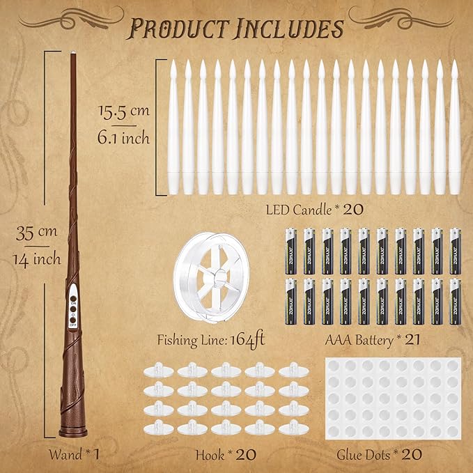 Halloween Decorations, 20 Pcs Floating Candles with Wand Remote, Battery (indluded) Operated Magic Wand Hanging LED Candles, Flameless Flickering Taper Candles for Halloween Christmas Decor Birthday