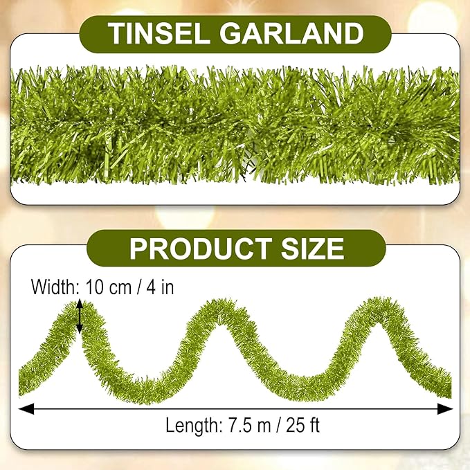 25 Feet Light Green Christmas Tinsel Garland, Metallic Foil Twist Garland Wall Hanging Tinsel Banner Backdrop for Parade Floats, Easter, Mother's Day, Birthday Party Decorations (4in x 25ft)