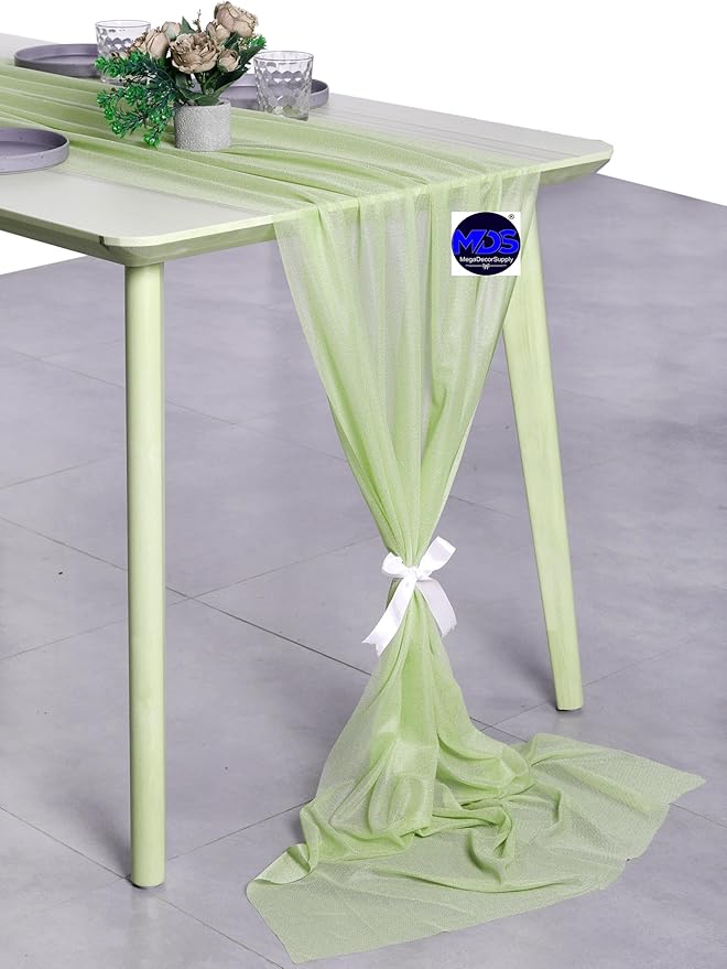 MDS 2 Pack 14ft Chiffon Table Runner 29 x 170 Inches Sheer Wedding Runner Romantic Rustic Table Runner for Wedding Decorations, Birthday Parties, Bridal Shower Party Arch Decor - Sage Green