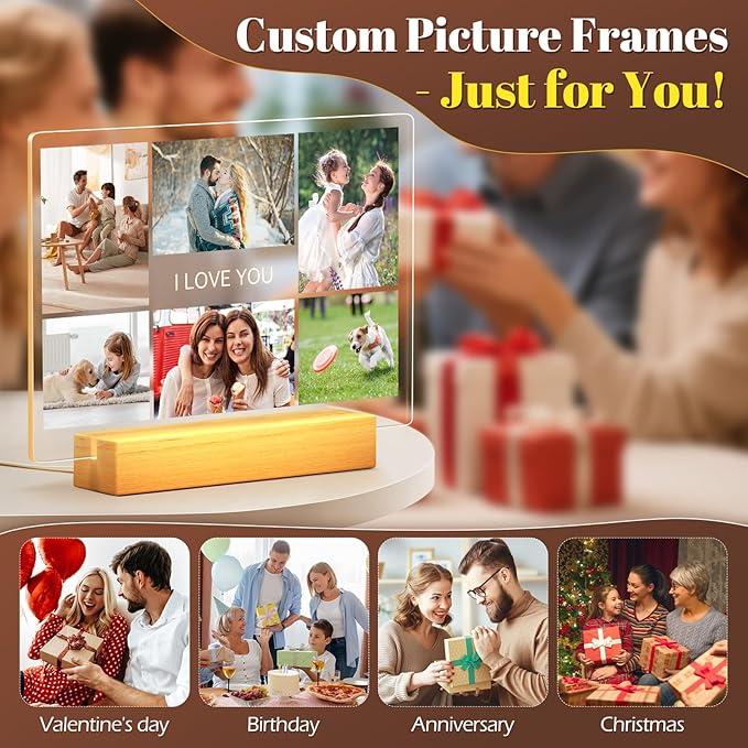 Custom Picture Frames with Photo, Personalized Photo Frame with Night Light, Customized Picture Frames, Personalized Anniversary Birthday Gifts for Women Men Her Him Girlfriend Boyfriend Couple
