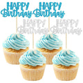 Gyufise 24Pcs Happy Birthday Cupcake Toppers Glitter Birthday Cupcake Food Picks for Celebrating Winter Wonderland Theme Party Cake Decorations Supplies Blue Silver