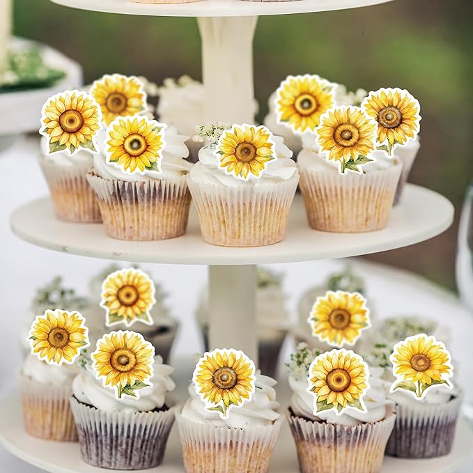 48 Pack Edible Sunflowers Cupcake Toppers Wafer Paper Floiwers Cupcake Picks Edible Yellow Sun Flower Cake Decor for Sunflower Theme Party Wedding Baby Shower Birthday Supplies (Sunflowers)