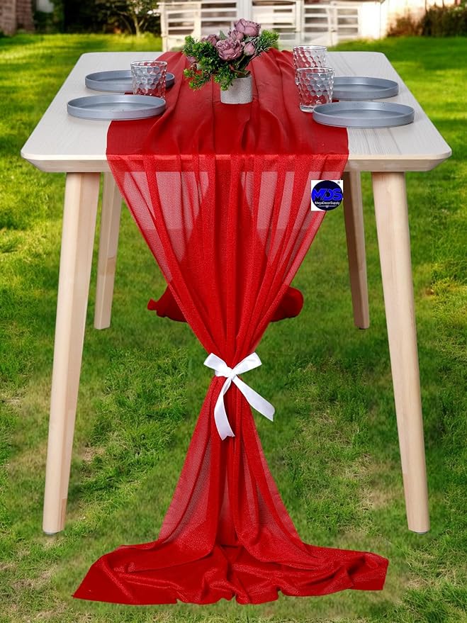 MDS Halloween Chiffon Table Runner - 15 Pack, 29 x 170 Inches, 14ft Each - Sheer Spooky Table Runners for Haunted House Parties, Trick-or-Treat Tables, Witchy Décor, Wedding & Events - Red