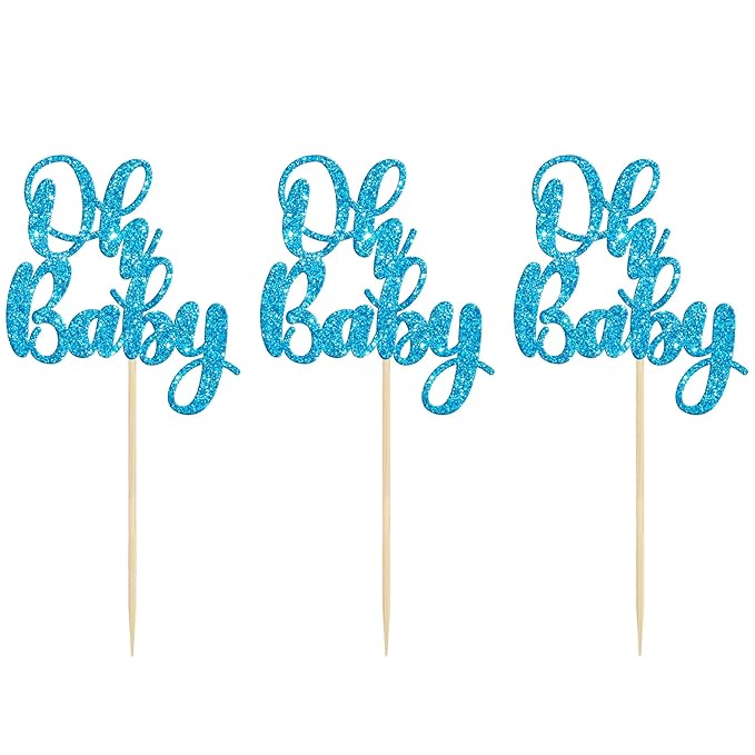 Gyufise 36 Pack Blue Glitter Oh Baby Cake Cupcake Toppers Picks for Wedding Birthday Baby Shower Party Decorations