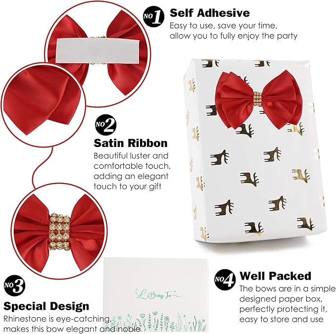 Red Bows 4'' Premade Satin Ribbon Bow, Red Gift Bows with Rhinestone, Wrapping Bows for Presents, Greeting Cards, Treat Bags, Wine Bottles, Valentines Bows for Gift Wrapping-12 Counts