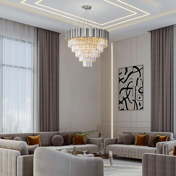 Modern Crystal Chandelier, 27.5" Silver Chandelier for Dining Room, 9-Light Luxury Round Chandeliers, 5-Tier Contemporary Light Fixture for Living Room, Bedroom, Foyer, Entryway