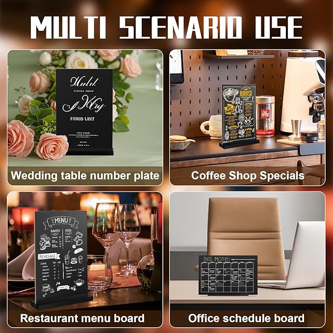EHWINE Mini Chalkboard Easel Sign Set,4 Pack 6x8 Inch Wooden Boards with Acrylic Base and Liquid Chalk Markers, Reusable Double Sided Tabletop Display for Wedding, Restaurant, Party, Coffee Shop Decor