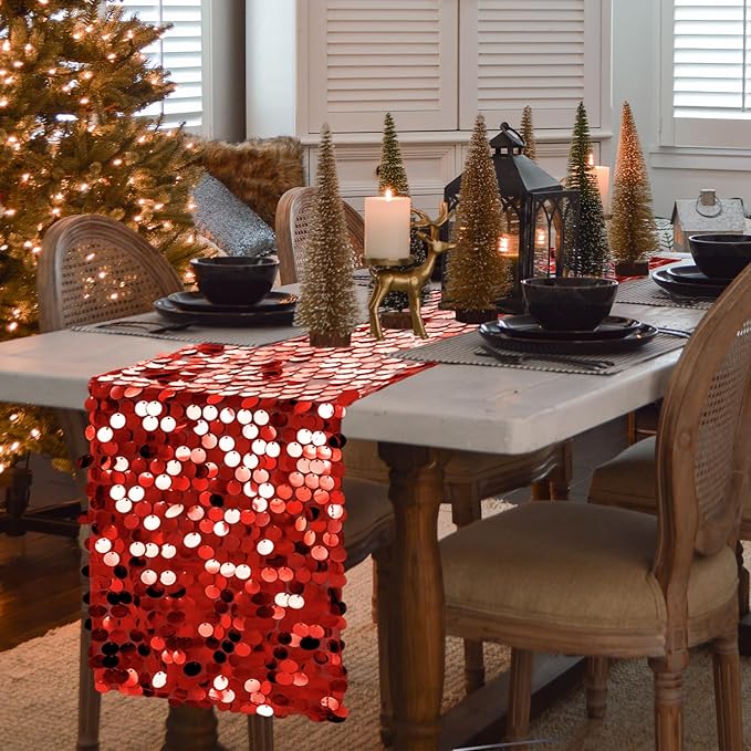 VHH Sequin Table Runner 12 x 108 inches Red Table Runner, Glitter Runner for Party Wedding Birthday, Party Spring Easter Rustic, Birthday Supplies Decorations (1 Pack).