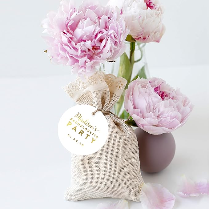 Andaz Press Personalized Round Circle Wedding Gift Tags, Metallic Gold Ink, Bachelorette Party, 24-Pack, Custom Made Any Name, Gold Party Decor